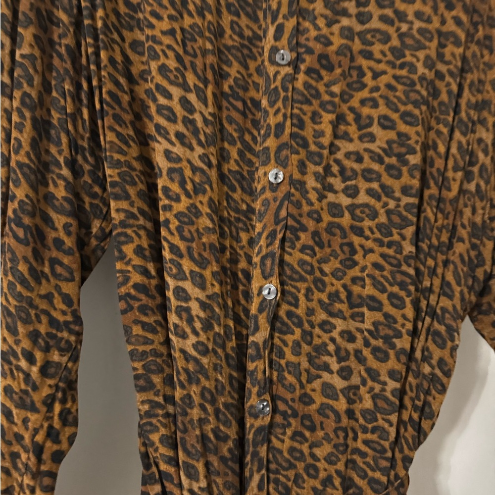 Brown Leopard Print Long Sleeve Shirt Midi Dress - Picture 4 of 6